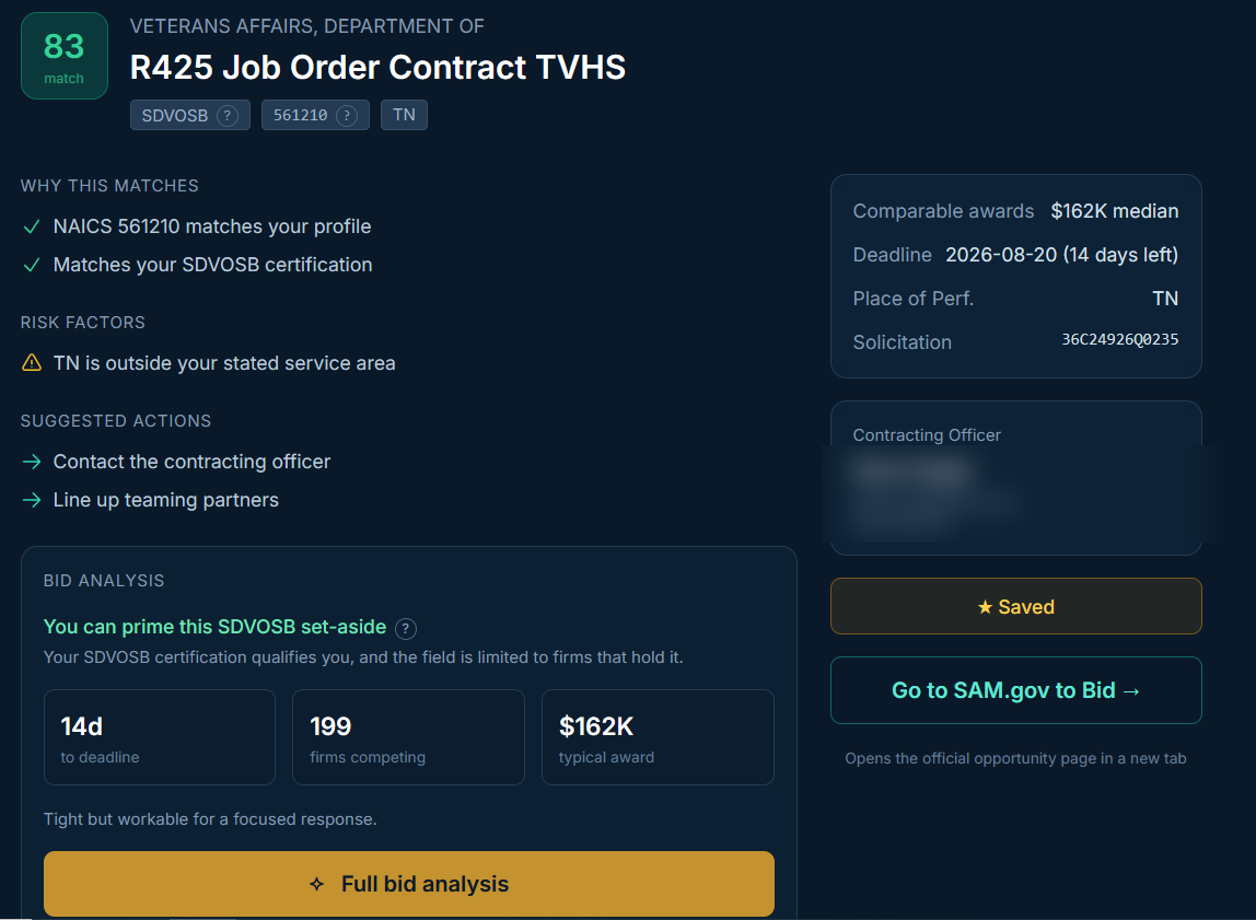 A single solicitation, showing its NAICS code, set-aside, place of performance, closing date and the contracting officer's contact details.